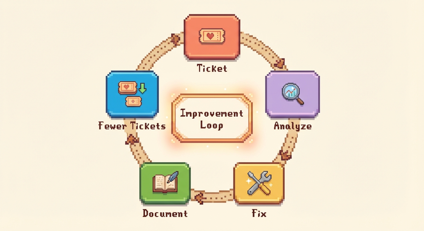 Support feedback loop diagram showing how customer insights scale product improvements