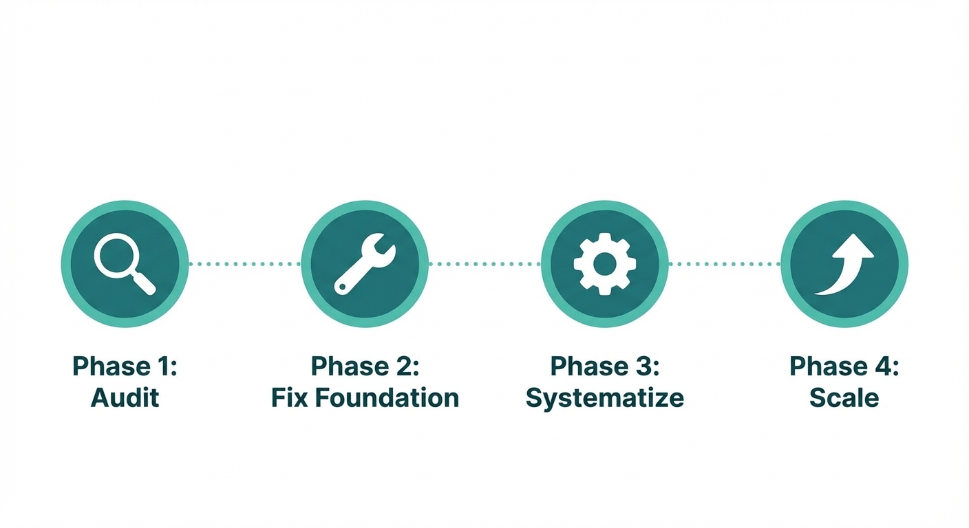 Self-service implementation roadmap showing four phases: Audit, Fix Foundation, Systematize, and Scale