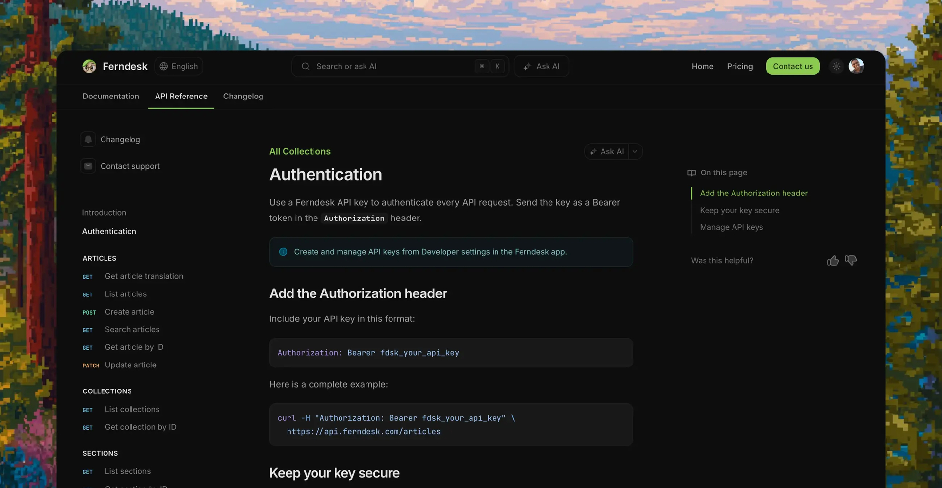 A Ferndesk authentication guide showing API key setup, authorization headers, and code examples