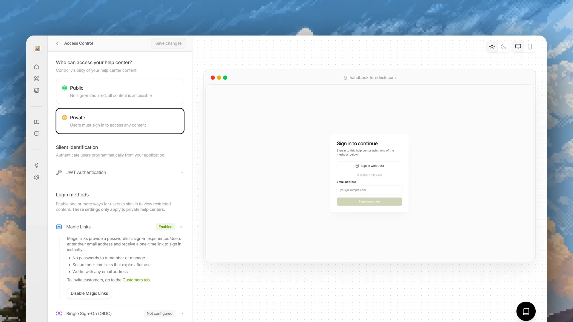 Ferndesk authentication methods for internal knowledge base