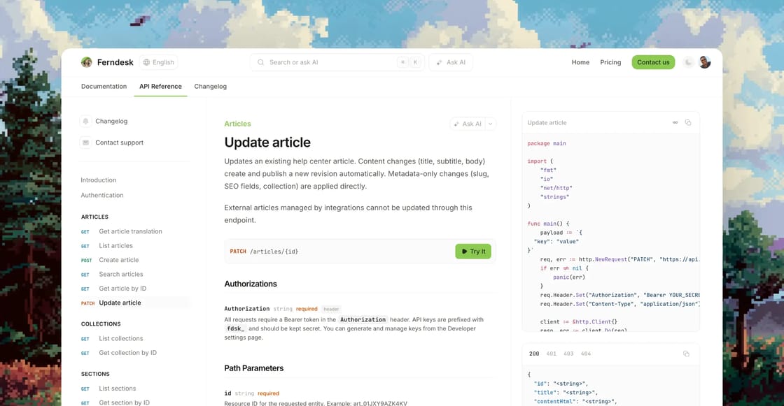 An OpenAPI specification imported into a structured Ferndesk reference