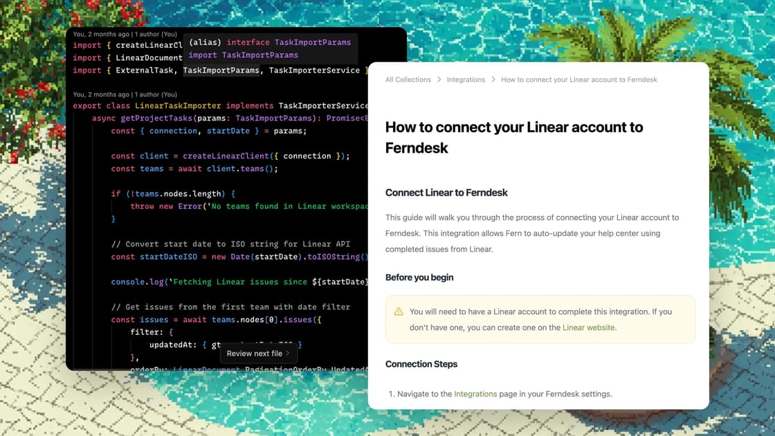 A diagram showing logos of GitHub, Ferndesk, and a Help Center, indicating a flow from code to documentation.