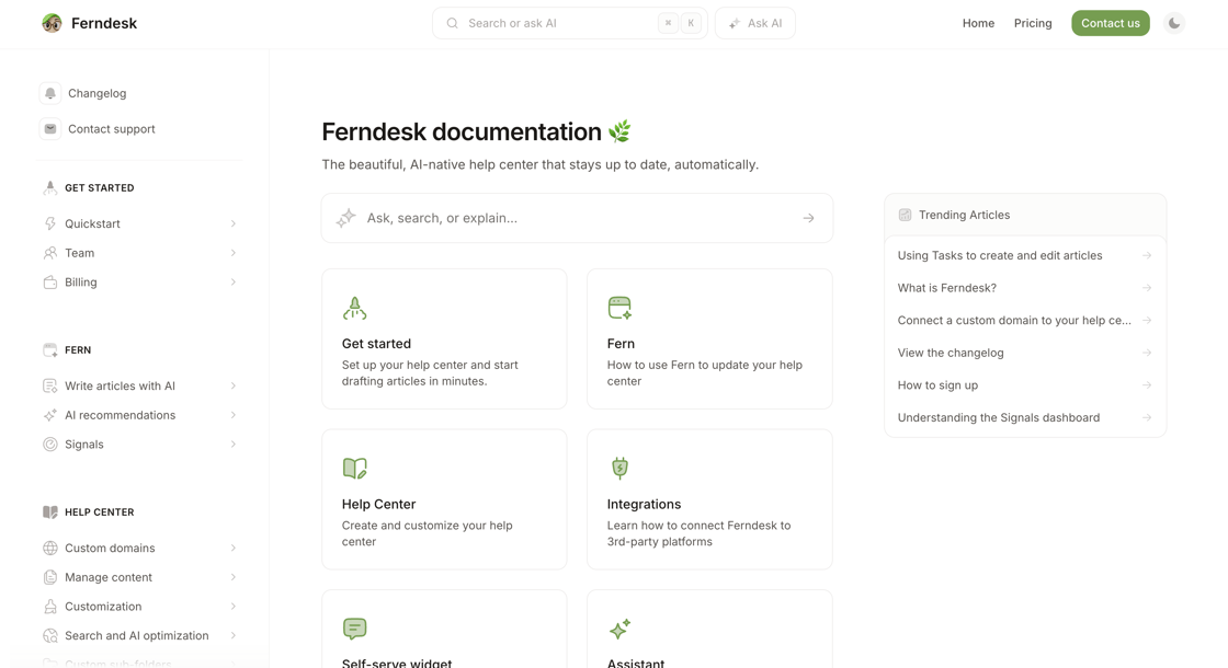 A Ferndesk help center on a custom domain
