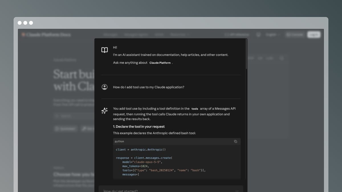 Anthropic Ask Docs explaining how to add tool use to a Claude application