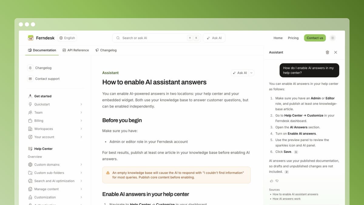 Ferndesk AI assistant explaining how to enable AI answers and linking to published sources