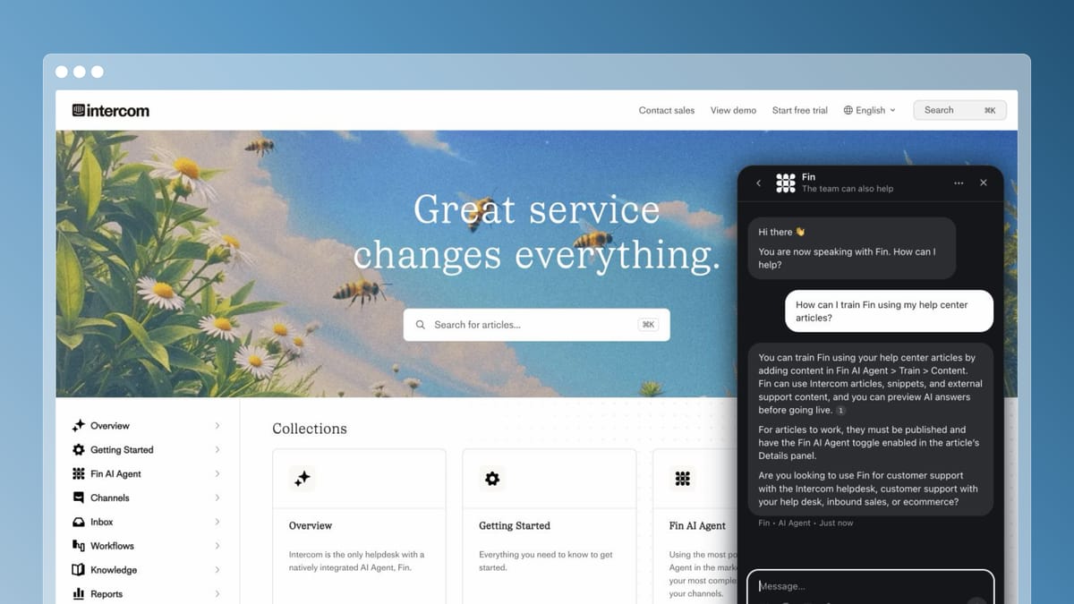 Intercom Fin explaining how to train the AI agent using help center articles