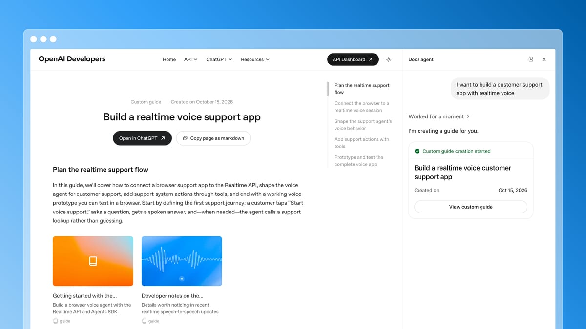 OpenAI Docs agent creating a custom guide for a realtime voice support app