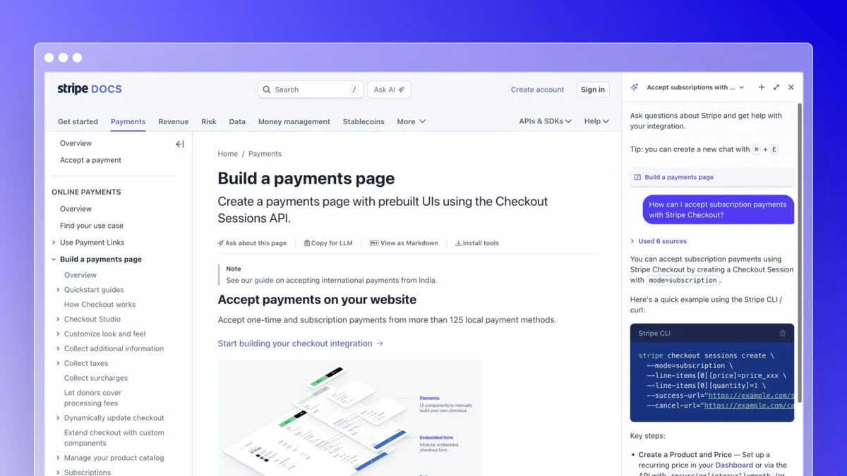 Stripe Docs AI assistant answering a question about subscription payments with Checkout
