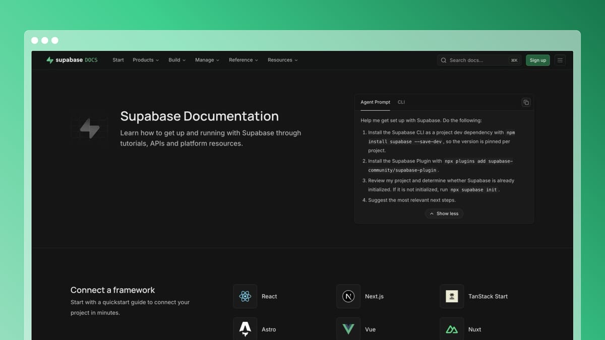 Supabase documentation showing an expanded Agent Prompt for setup in a coding assistant