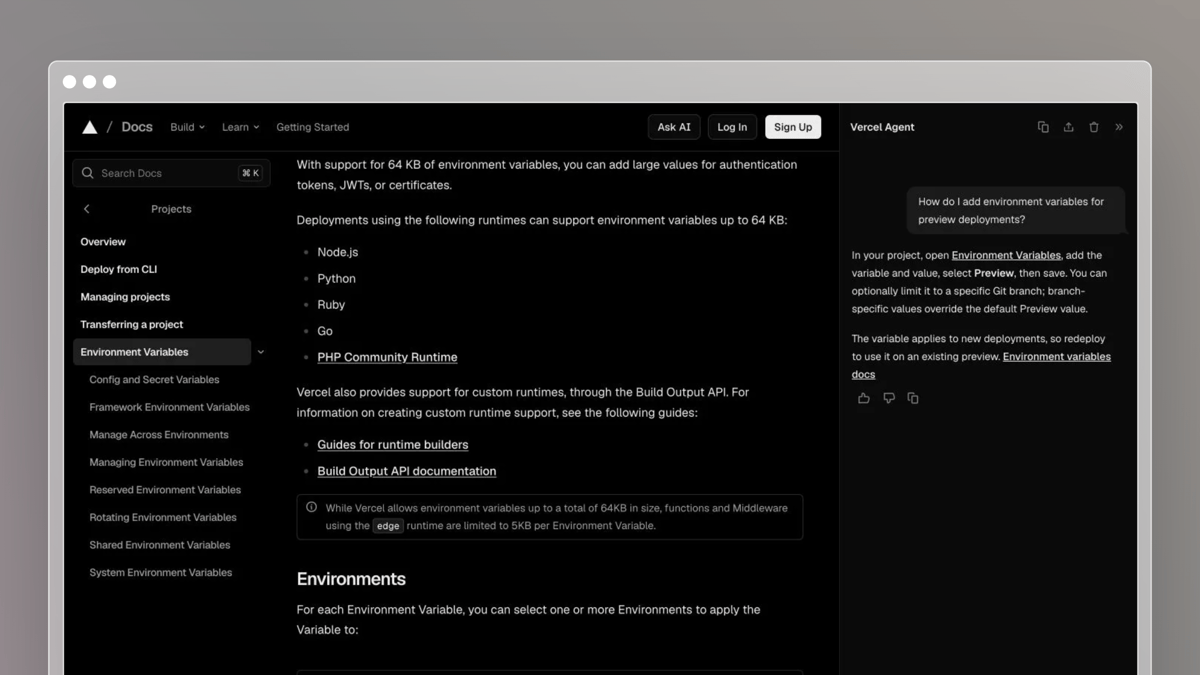 Vercel Ask AI explaining how to add environment variables for preview deployments