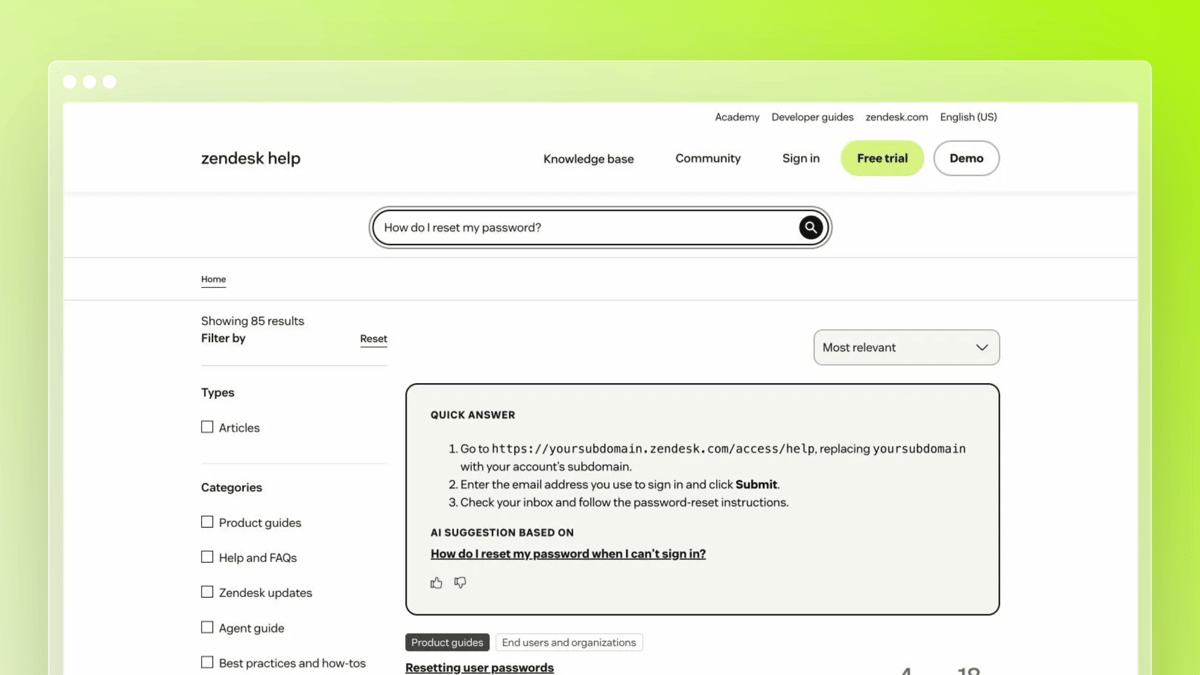 Zendesk generative search showing a quick answer and source article for resetting a password