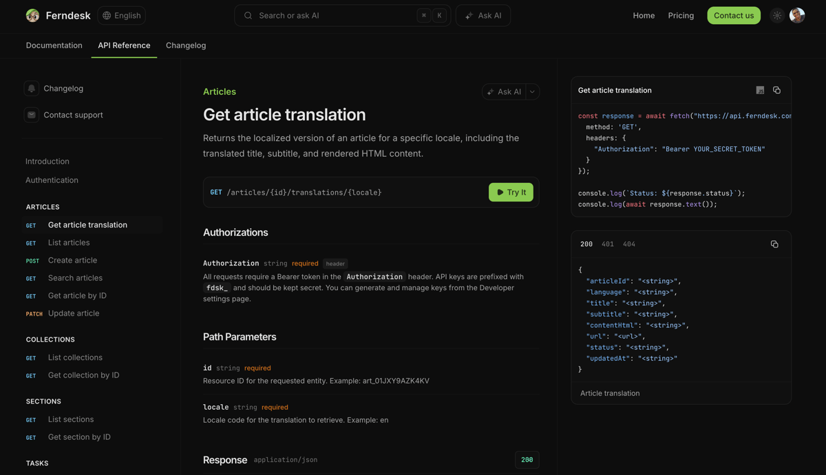 A Ferndesk API reference page with endpoint details, authorization docs, and response examples