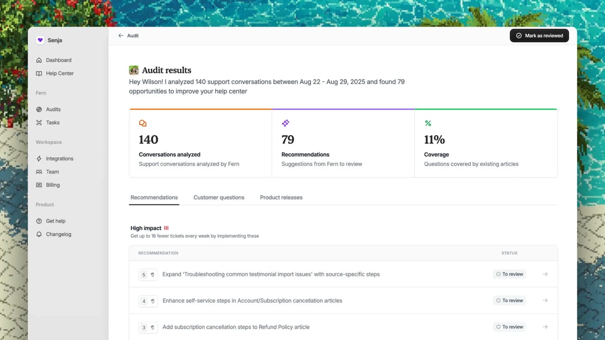 An illustration showing Ferndesk's audit results, highlighting stale and missing articles.