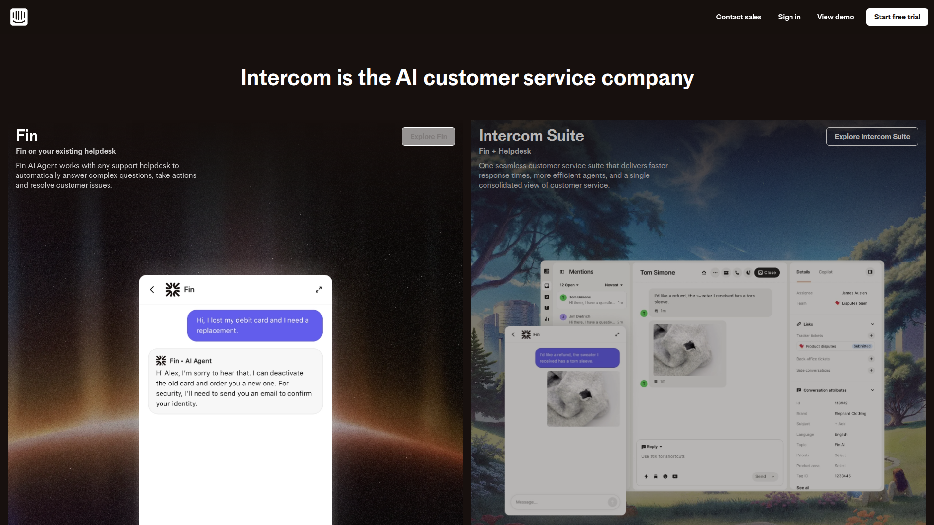 The image is a screenshot of the Intercom website. The website is advertising its AI customer service products. The top of the image has a menu bar with options such as