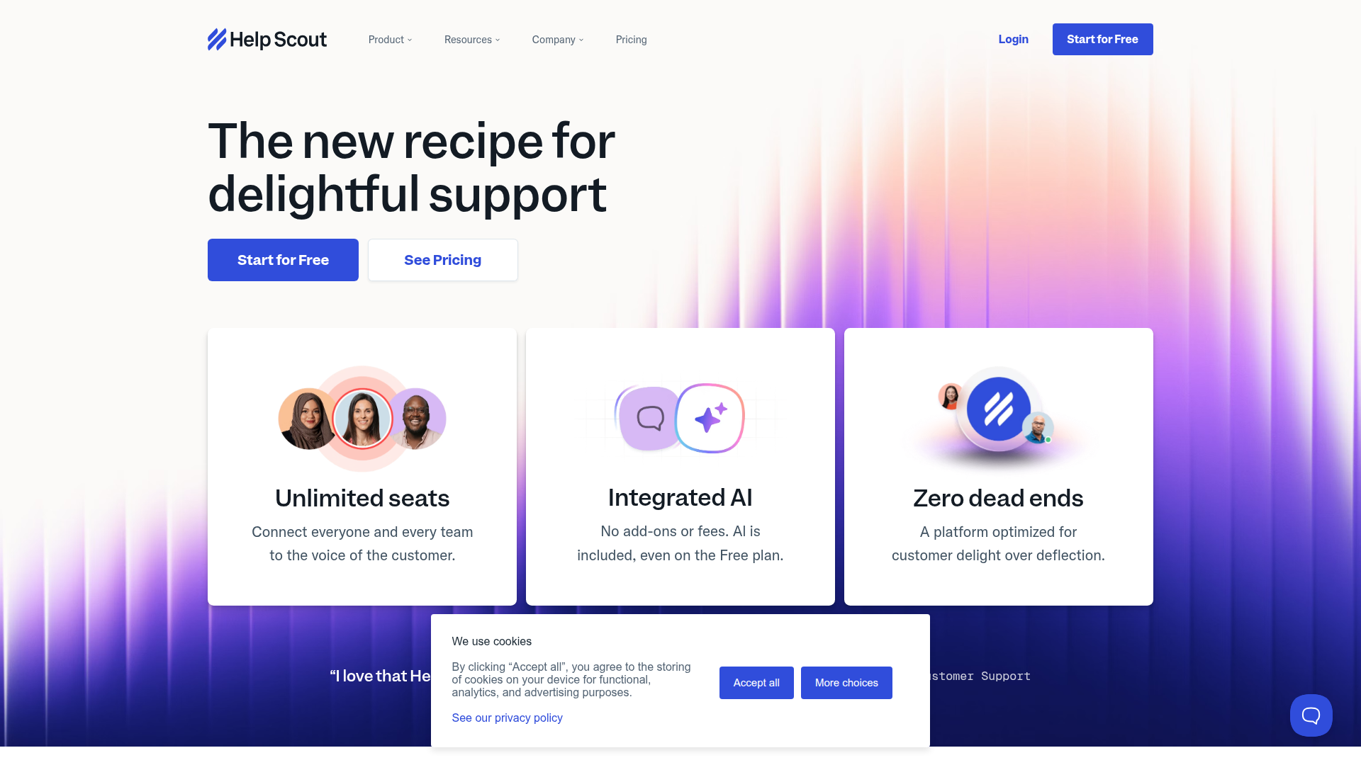 The image is a webpage of Help Scout, a customer support platform. The webpage has a white background with a gradient background. It features the headline,