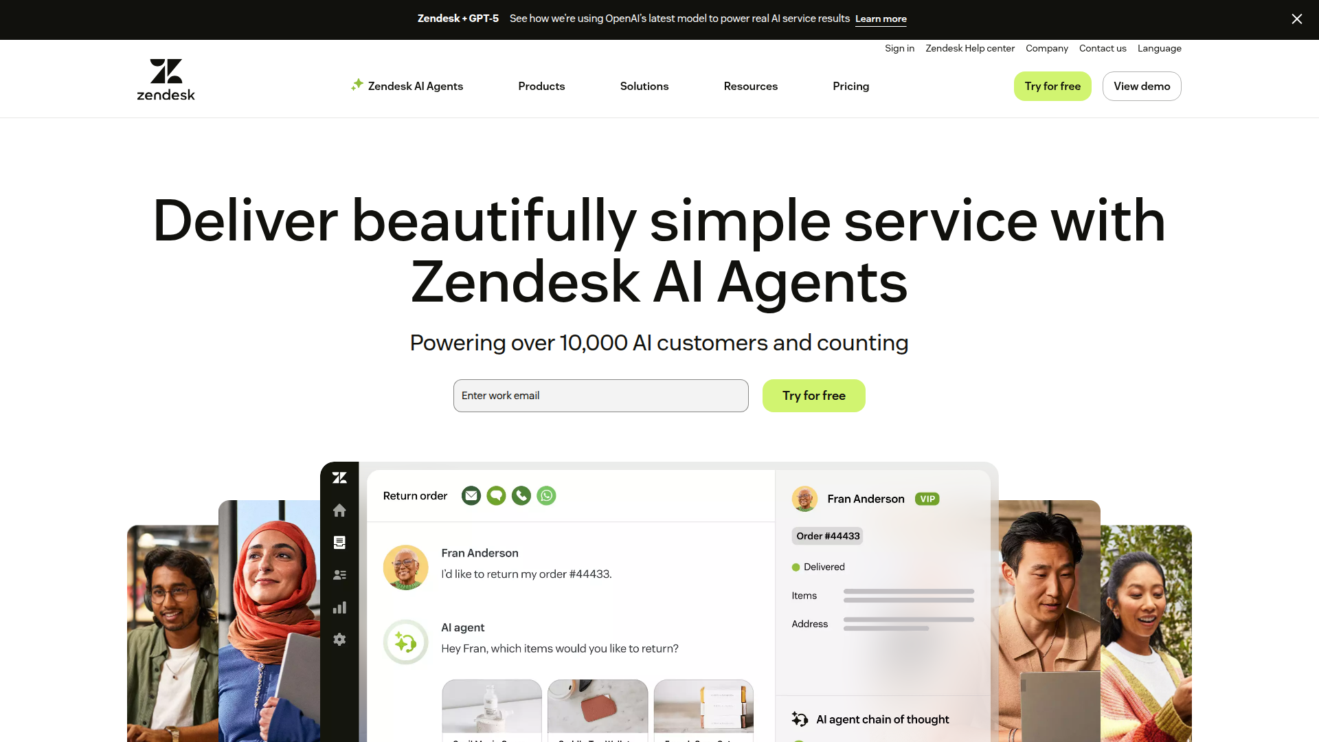 The image is a website landing page for Zendesk AI Agents. The page has the Zendesk logo at the top left and a headline that reads,