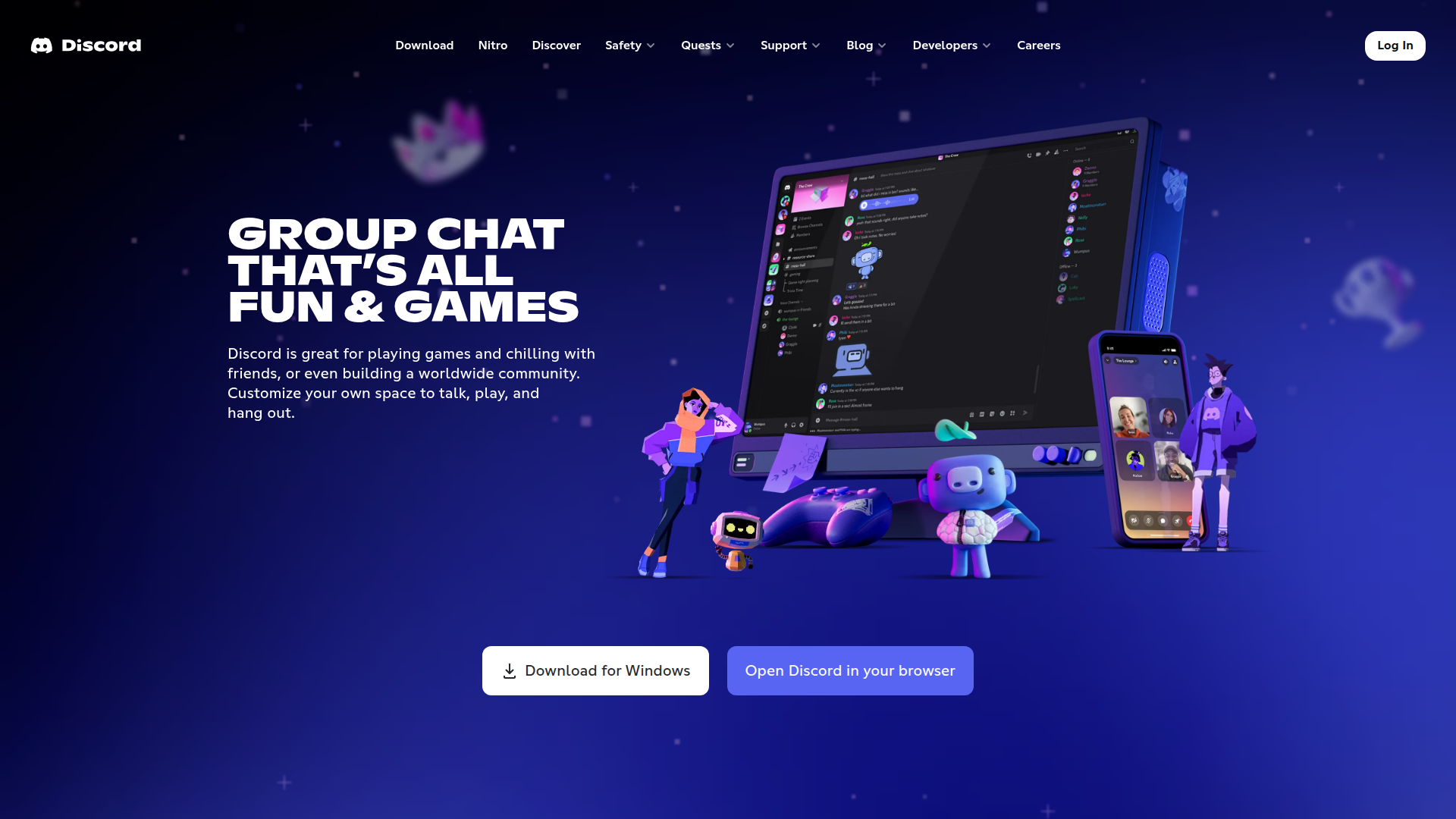The image is a website interface of Discord, a social platform. The top part contains the Discord logo and navigation options like 'Download', 'Nitro', 'Discover', 'Safety', 'Quests', 'Support', 'Blog', 'Developers', 'Careers', and a 'Log In' button. The central area features the text 'GROUP CHAT THAT'S ALL FUN & GAMES', followed by a brief description of Discord's purpose. The visual elements of the image include a desktop setup with a running Discord application on a monitor, a mobile phone with Discord's video call interface, and various animated character designs. Buttons that say