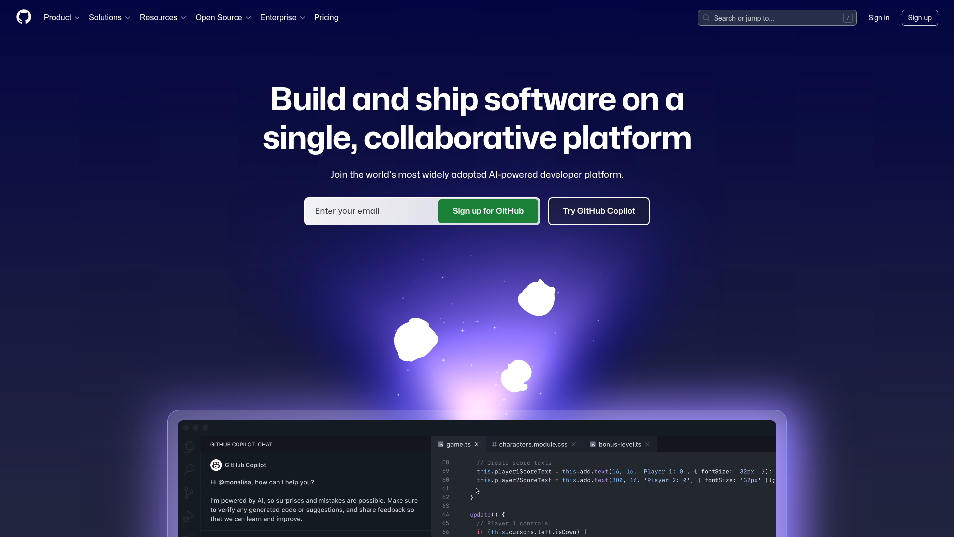 The image is a website interface. The background is a gradient of dark blue, with three glowing, white orbs floating in the center. At the top of the screen is the Github logo, followed by the navigation bar with links for product, solutions, resources, open source, enterprise and pricing. There is also a search bar and a sign-in and sign-up button. The central message is