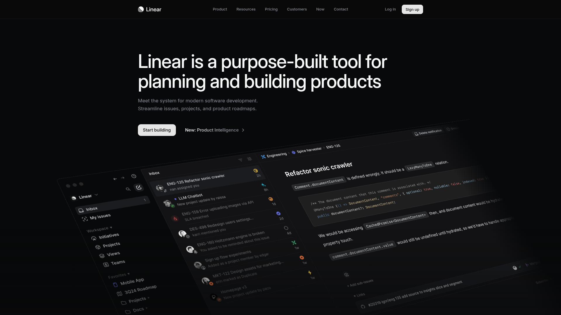 The image is a screenshot of the Linear platform's interface. The platform is presented as a