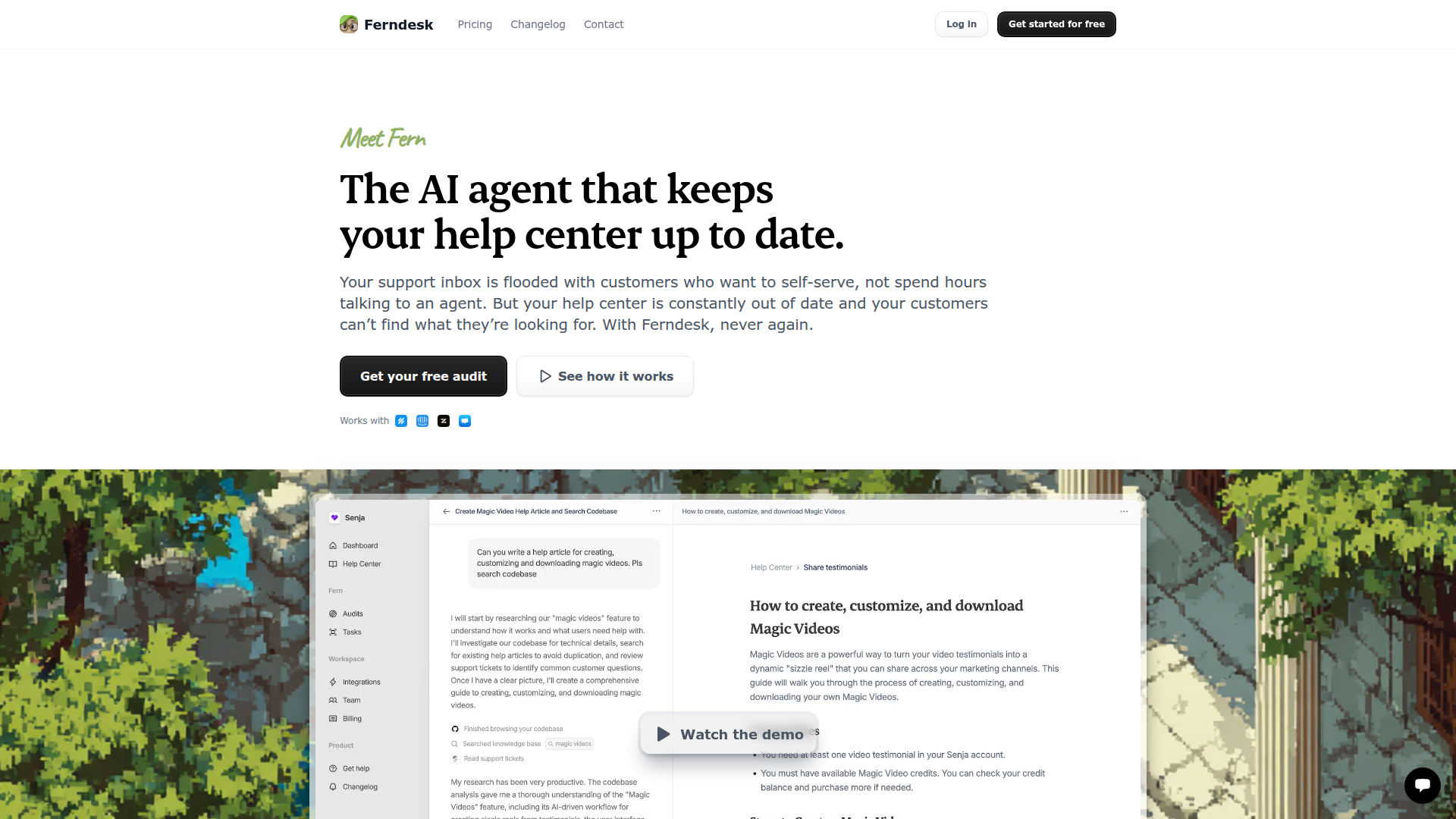Ferndesk homepage showing the AI agent that keeps help centers up to date