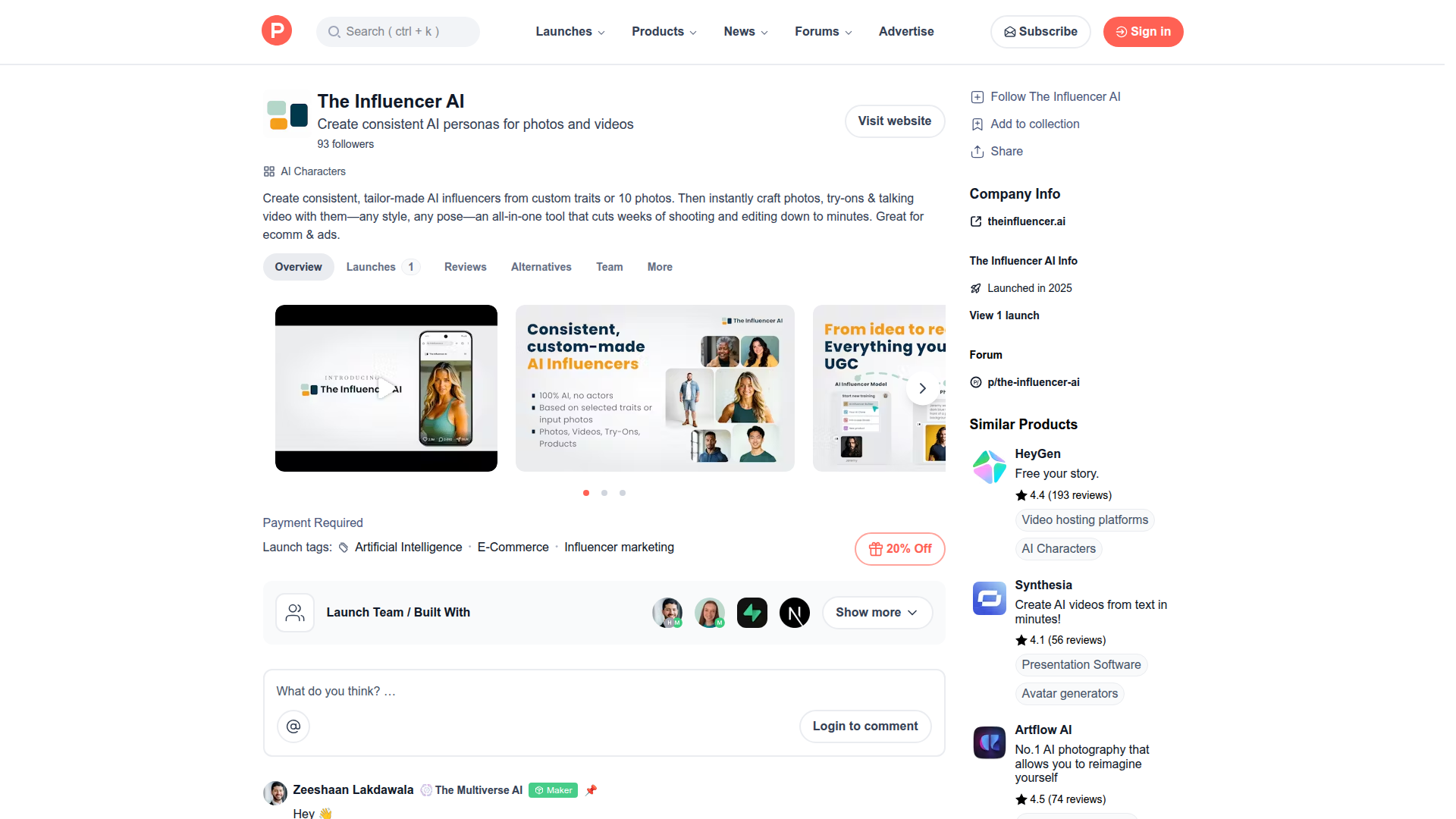 A screenshot of a Product Hunt page showing the main product page for 'The Influencer AI', with a clear callout to the 'launches' section.