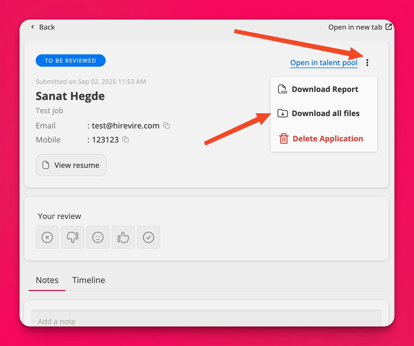 Application details page showing the three-dot menu with options to Download Report, Download all files, and Delete Application