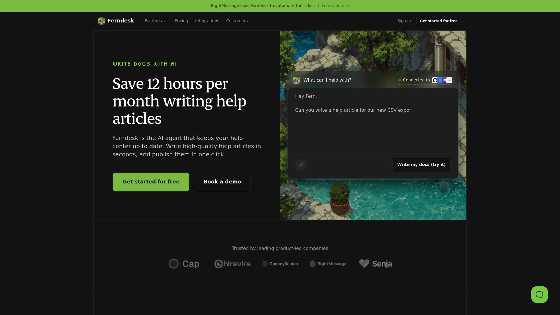 Ferndesk homepage featuring the tagline 'Save 12 hours per month writing help articles' with an AI chat interface demonstration