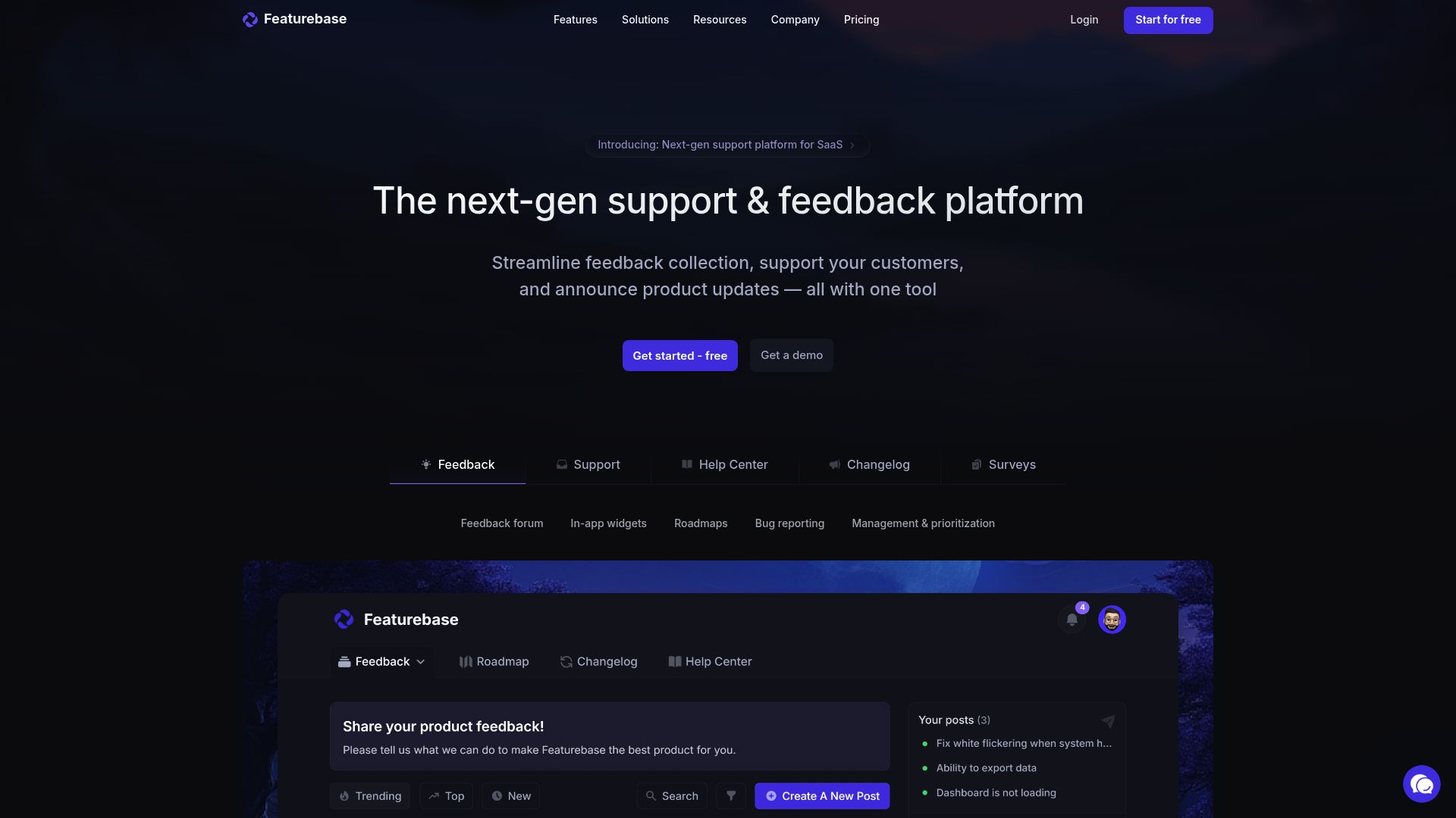 The Featurebase website homepage showcasing its next-gen support and feedback platform for SaaS, with navigation menu and product overview.