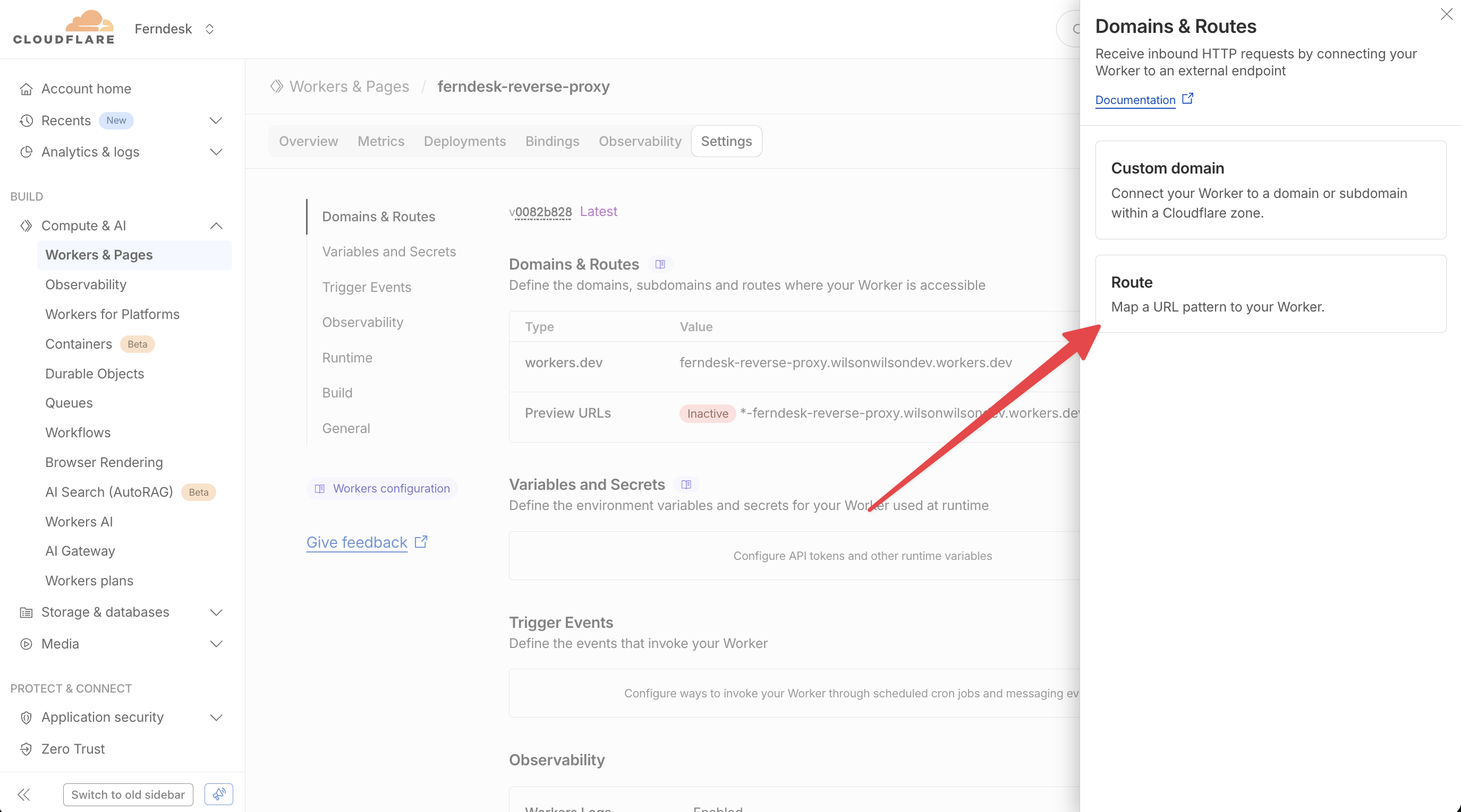 Modal dialog for configuring domains and routes with Route option highlighted