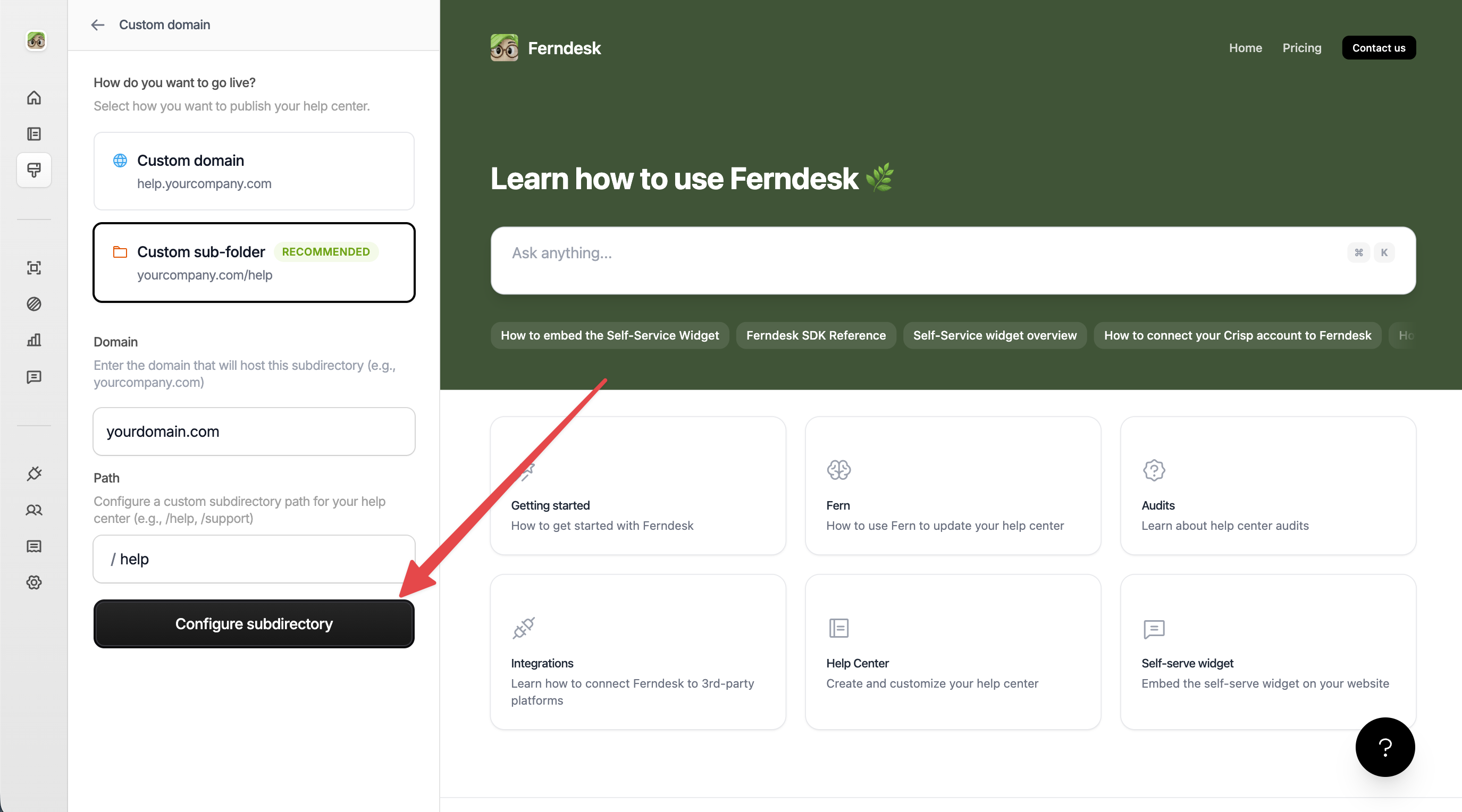 Custom domain configuration screen with Custom sub-folder option selected and recommended label visible