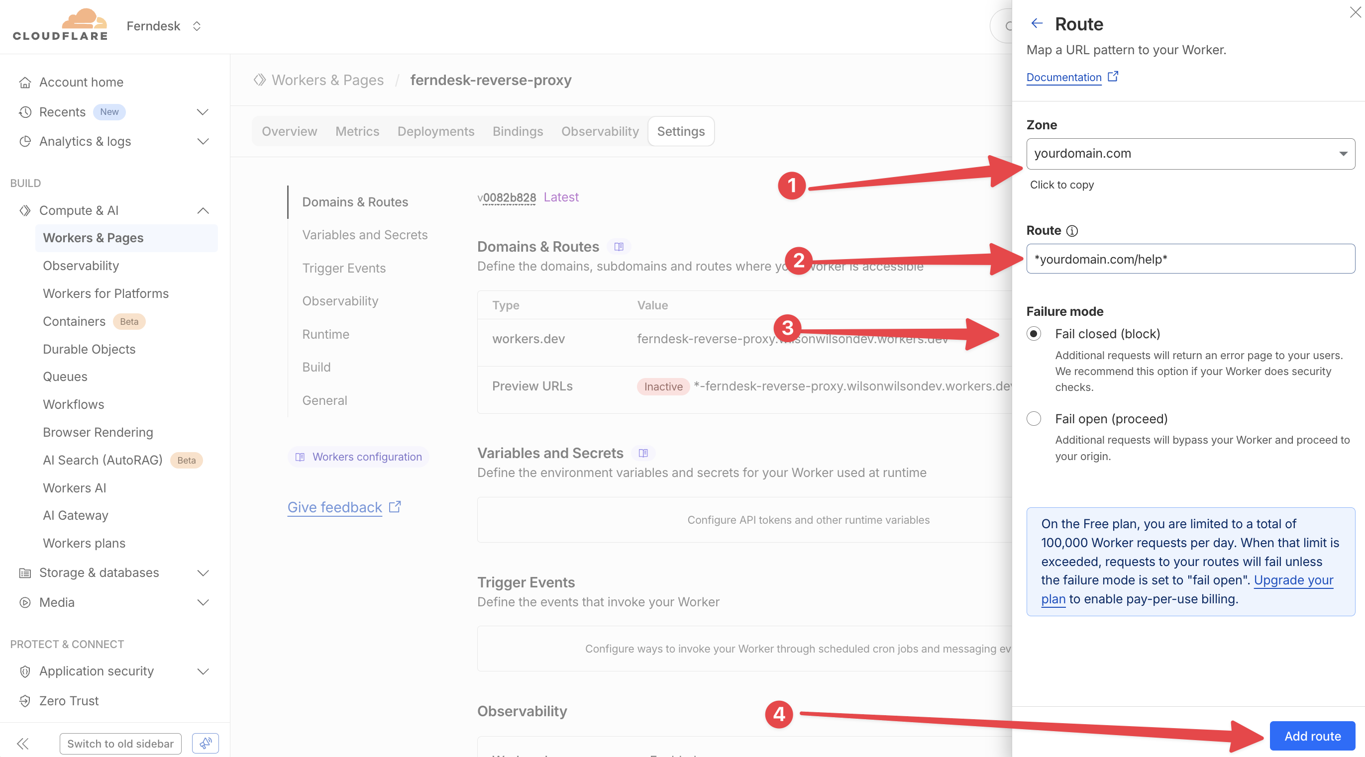 Route configuration modal showing zone set to yourdomain.com and route pattern set to *yourdomain.com/help* with failure mode options