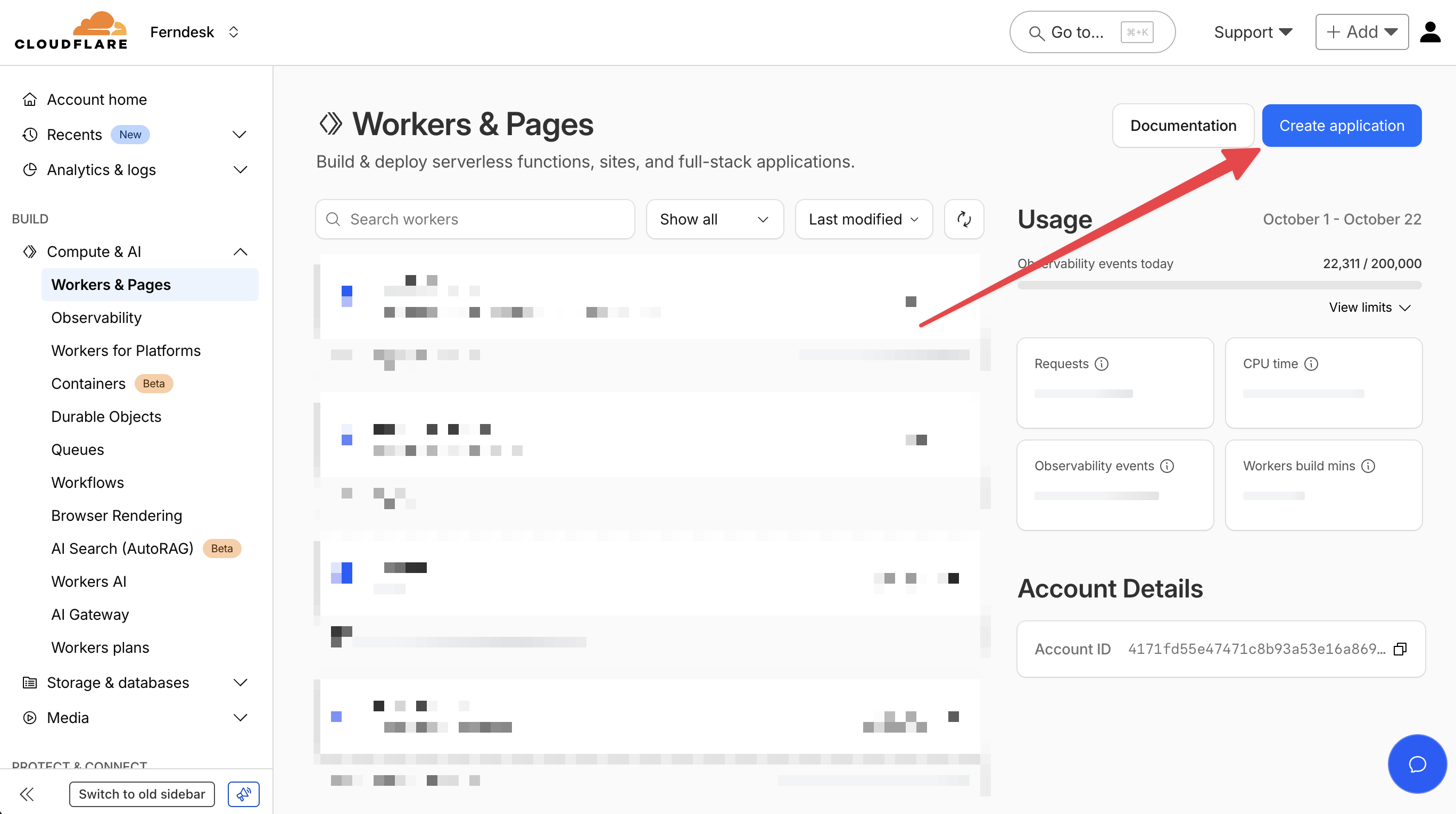 Cloudflare Workers & Pages dashboard with Create application button visible in the top right