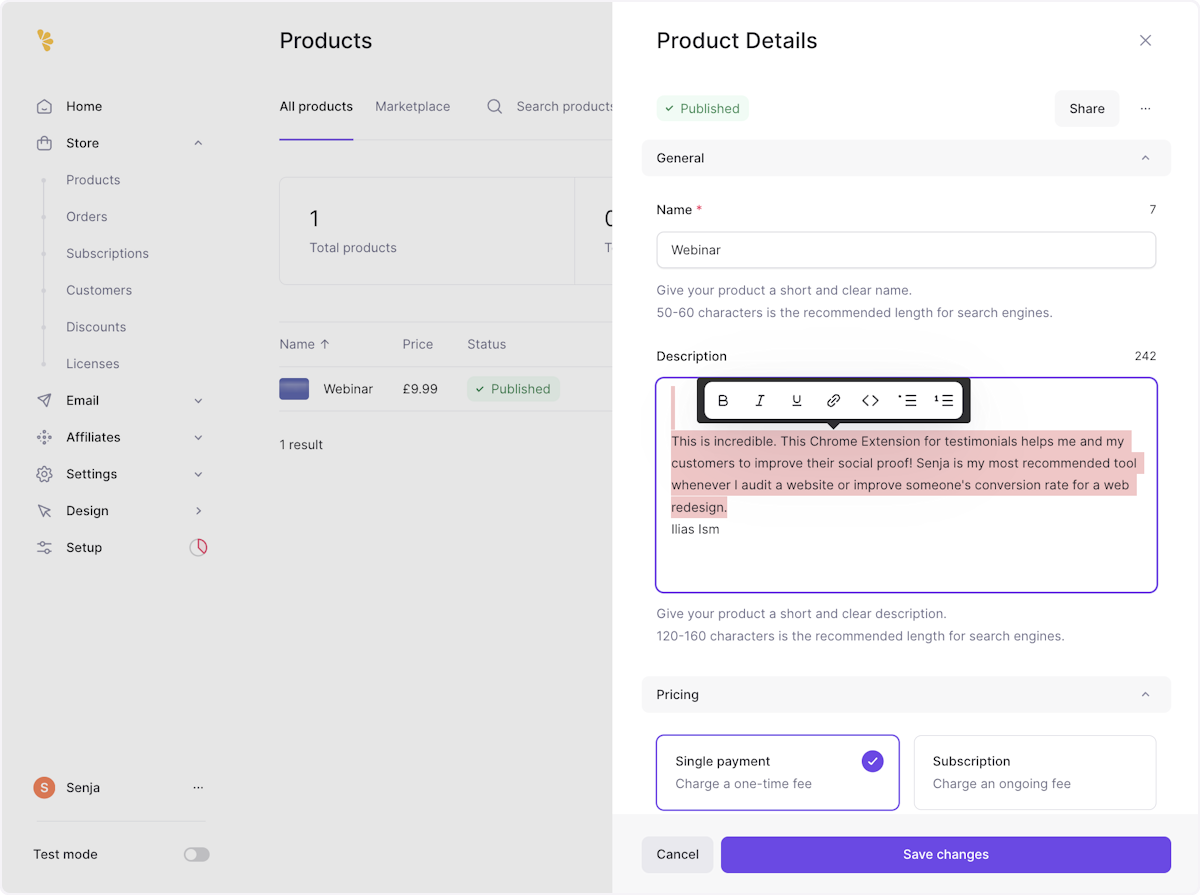 Highlight the testimonial text and select italics