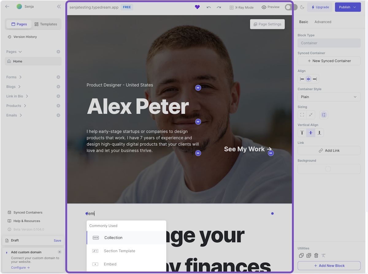 Locate where you want to add testimonials. Create a new line and type /embed