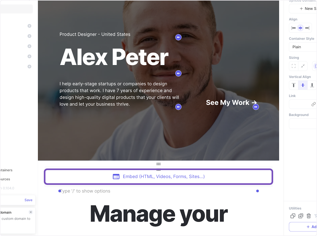 Click on Embed (HTML, Videos, Forms, Sites...)