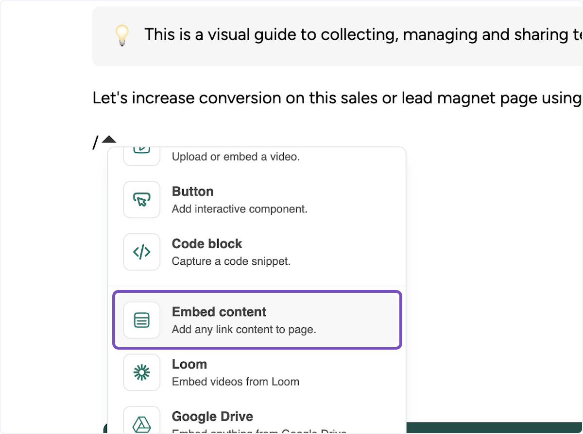 Type / and click on Embed content…