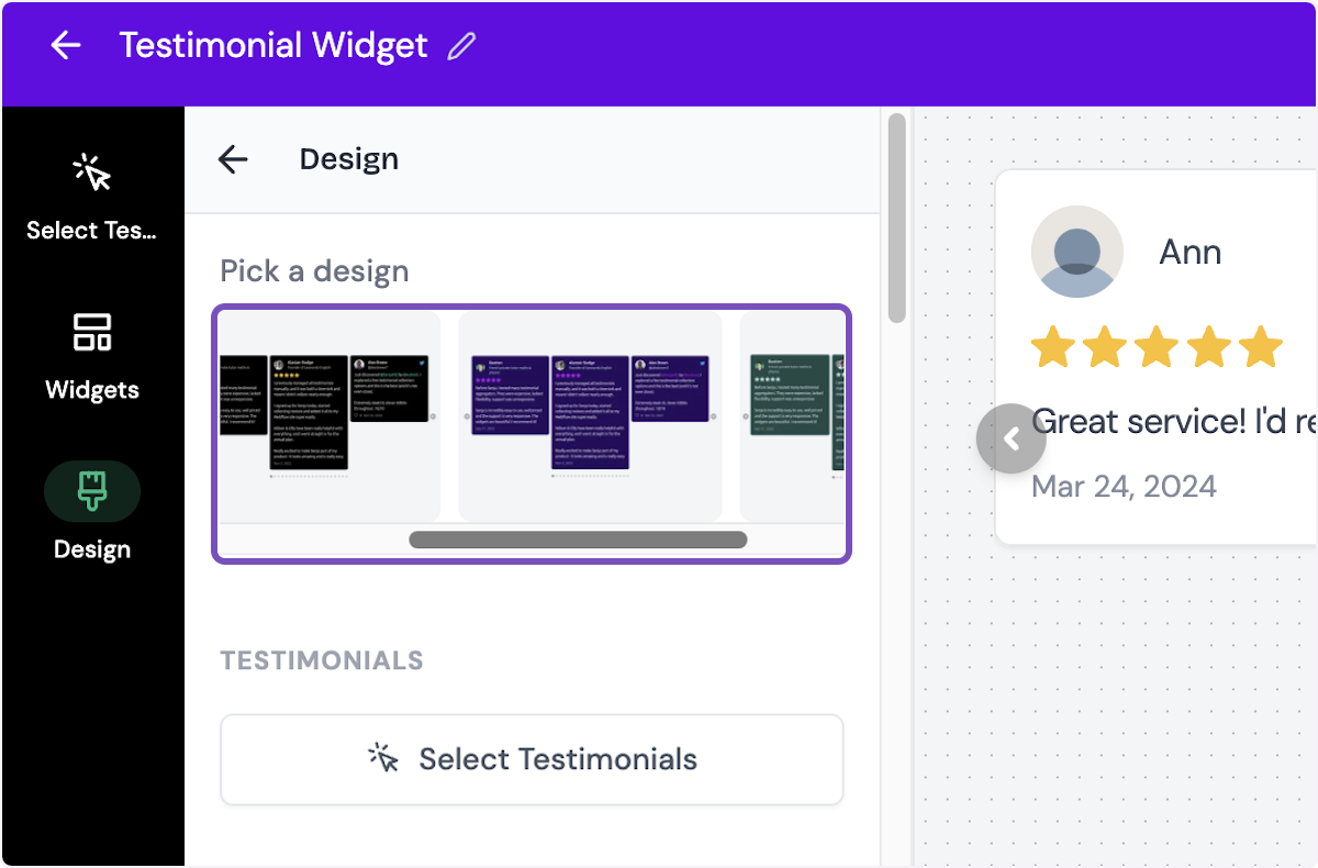 Scroll through the design settings and adjust what you'd like. You can adjust several settings from the widget layout to the photos to the content itself.