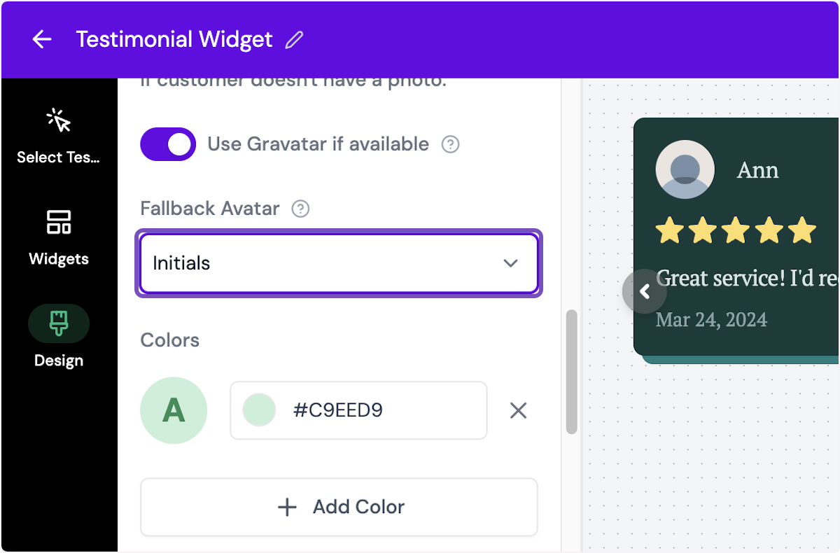 For example, you can choose to show your customer's gravatar or a fallback avatar such as initials.