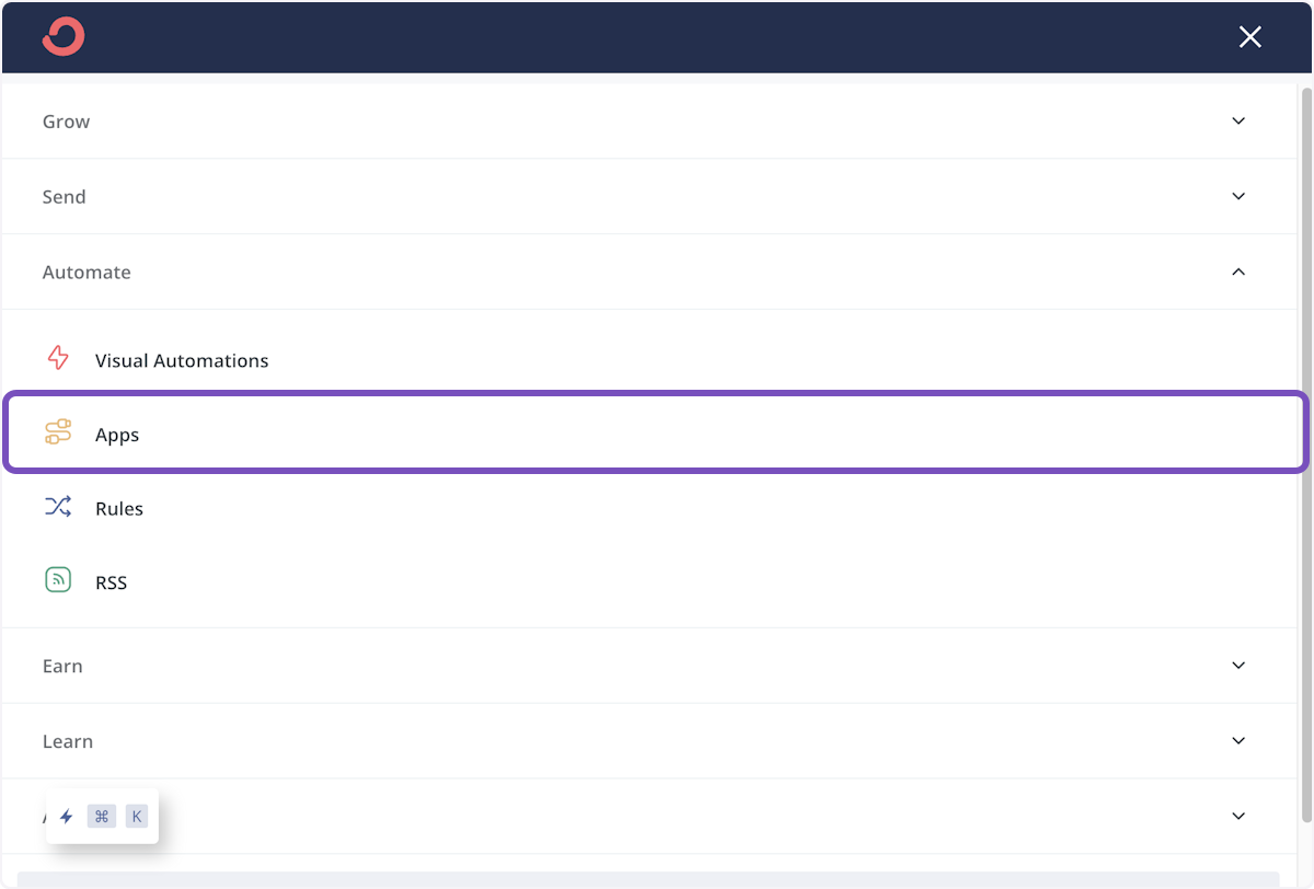 Open ConvertKit, hover over Automate, then click on Apps