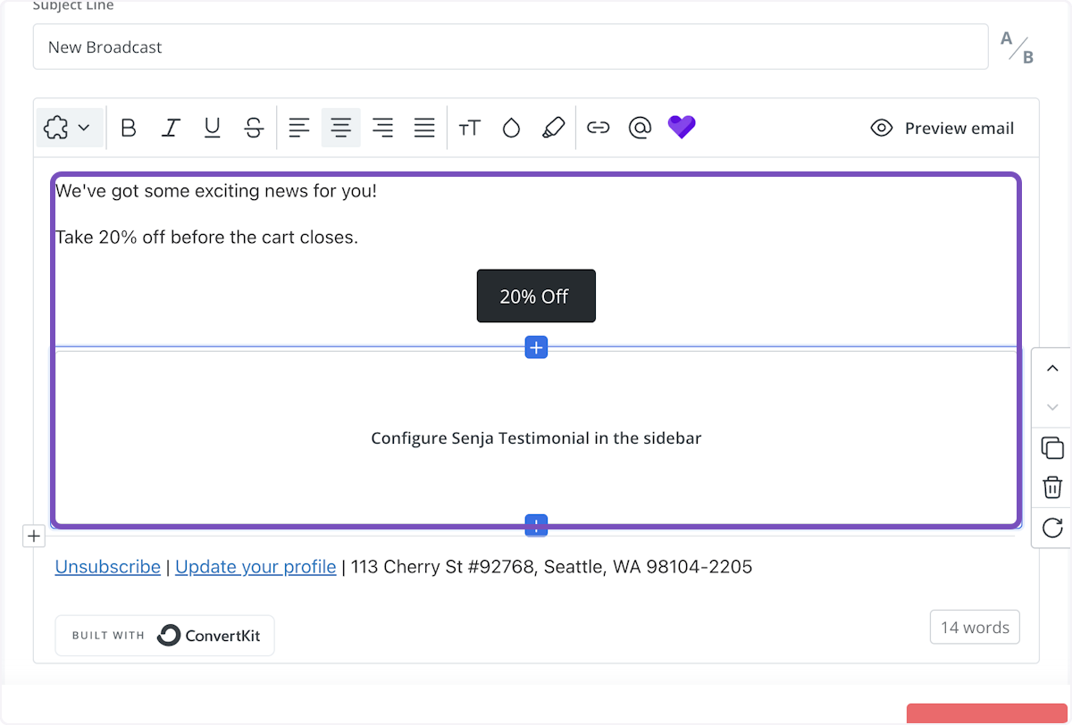 Once selected, a box will appear asking you to configure your testimonial in the sidebar
