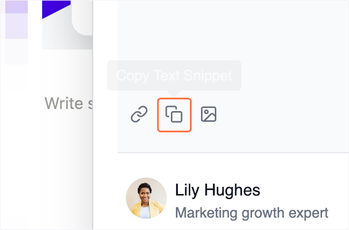 I found another testimonial I wanted to share but didn't need the image, only the text. To do that, I clicked on copy text snippet to capture the text only