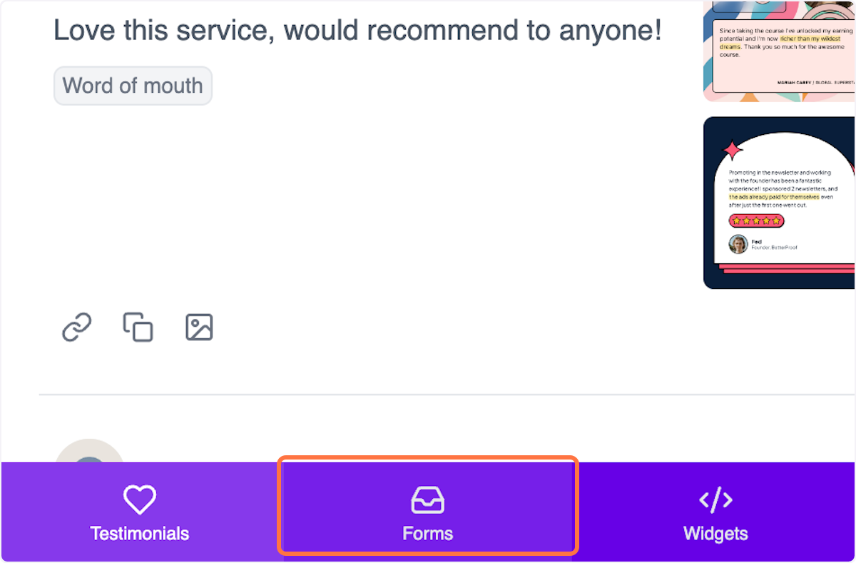 To copy your form URL using the Senja Chrome Extension, open the extension then click forms