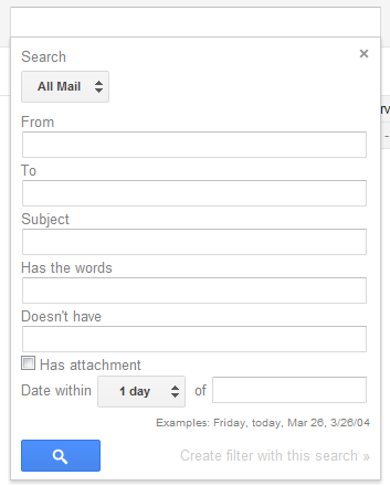 A screenshot of the Gmail search filter interface. It shows fields for 'From', 'To', 'Subject', 'Has the words', and 'Doesn't have'. There is also an option to search by attachment status and a date range.