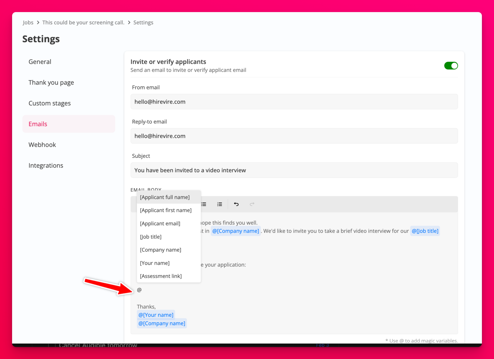 Magic variable in email template