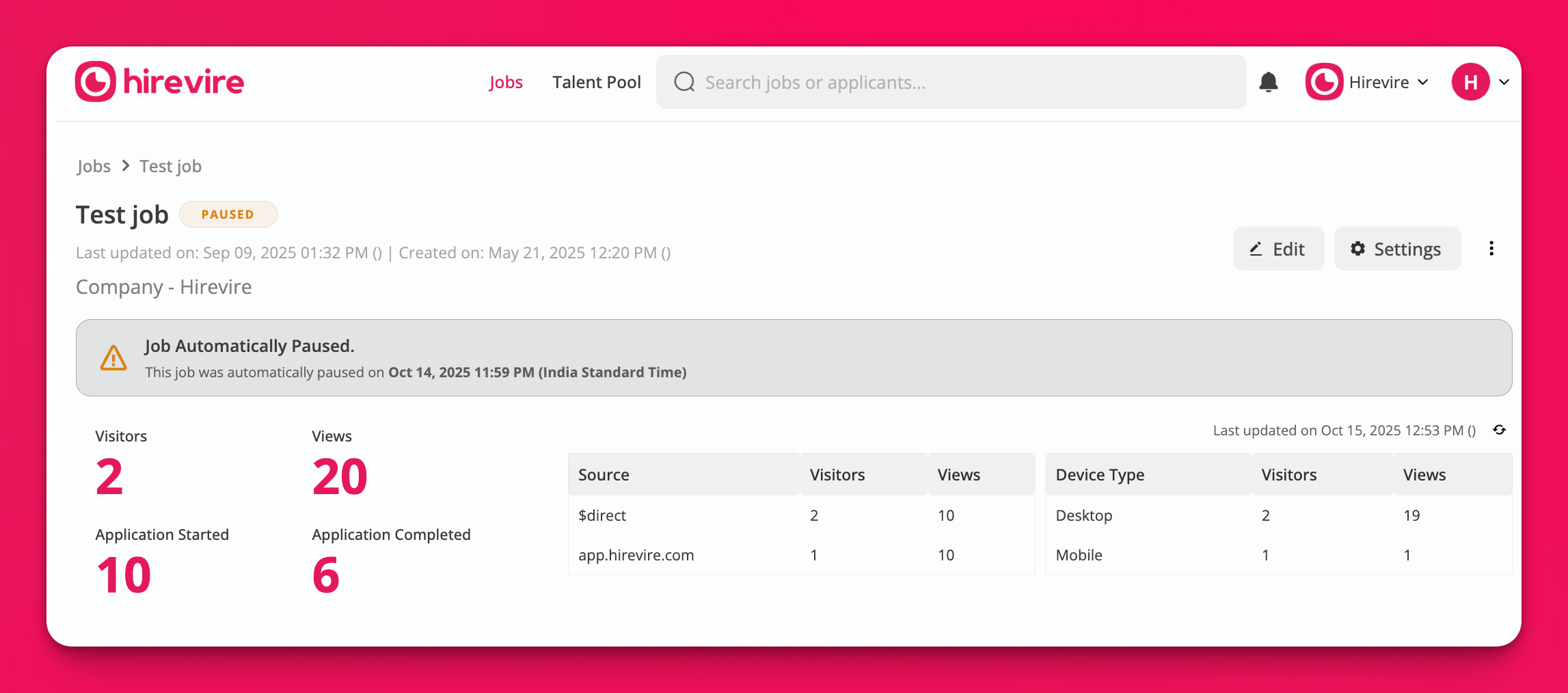 Job dashboard showing a warning banner that reads 'This job was automatically paused on October 14, 2025 at 11:59 PM IST' with job statistics below