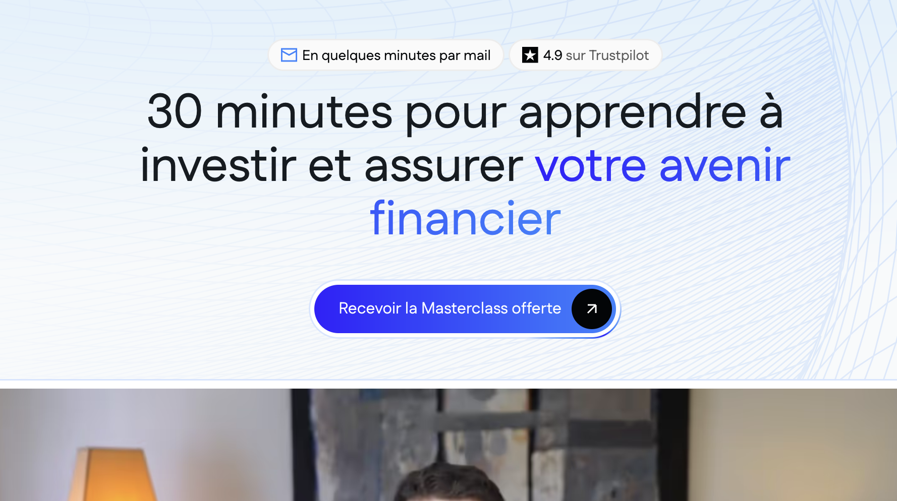 Website page showing a purple button labeled 'Recevoir la Masterclass offerte' which opens a form modal when clicked