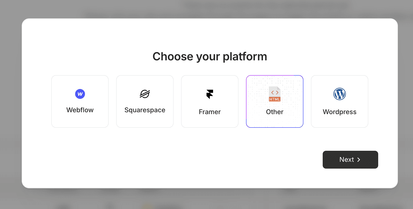 Platform selection modal showing Webflow, Squarespace, Framer, Other, and WordPress options, with Other highlighted