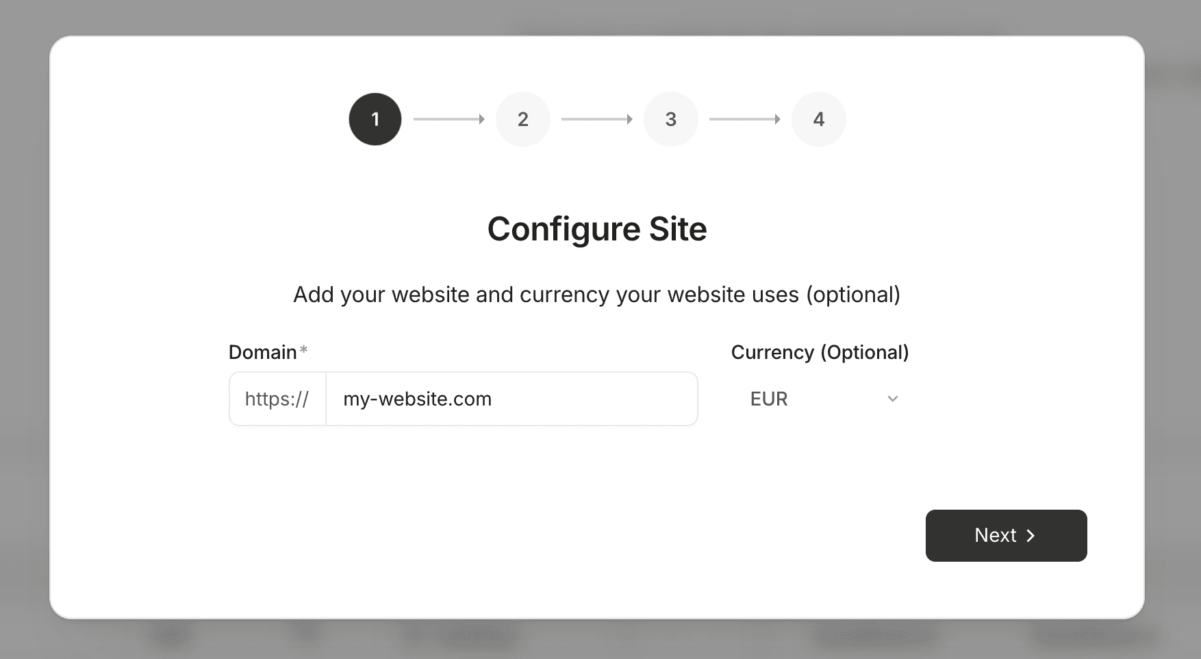 Configure Site modal with domain and currency input fields