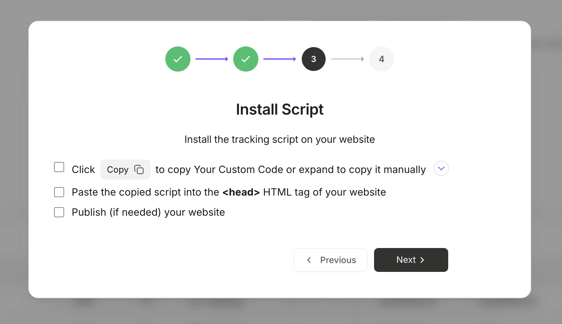Install Script modal showing Copy button and instructions to paste script into head tag