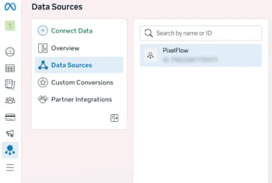 Meta Events Manager data sources showing list of available pixels